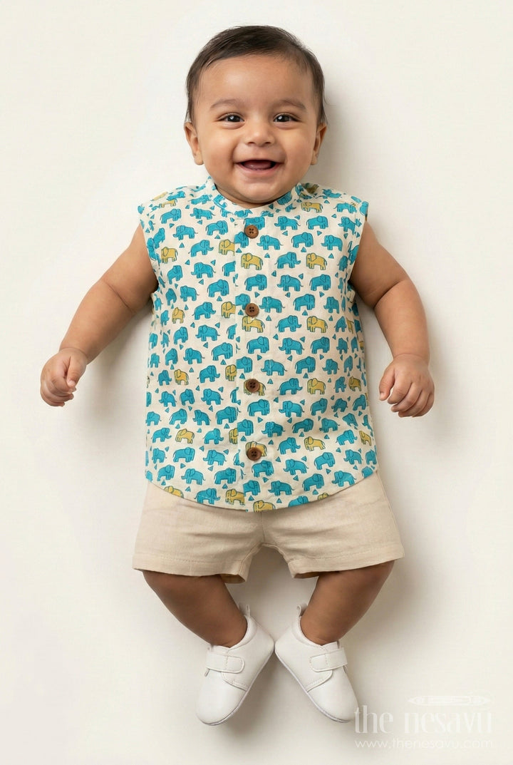 The Nesavu Baby Jablas Cotton Jabla for Newborn Boys Sleeveless Printed Shirt with Yellow and Blue Elephant Pattern Nesavu 10 (NB) / Green IF035A-10 Cotton Jabla Newborn Boys Sleeveless Shirt Yellow Blue Elephant Print Button Closure | The Nesavu