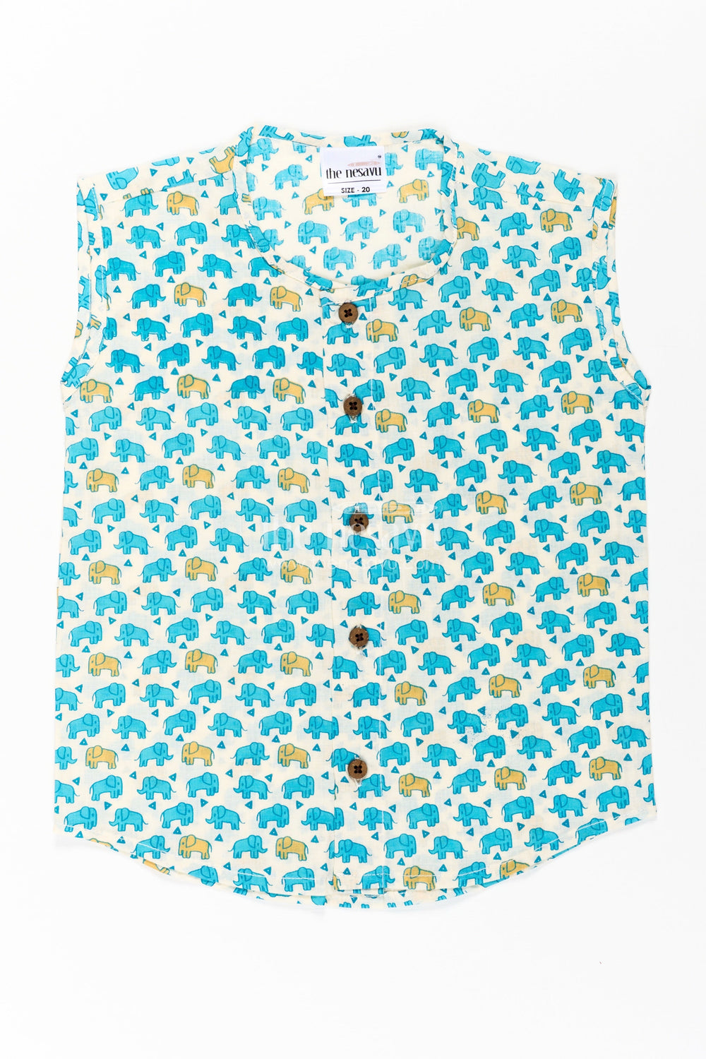 The Nesavu Baby Jablas Cotton Jabla for Newborn Boys Sleeveless Printed Shirt with Yellow and Blue Elephant Pattern Nesavu Cotton Jabla Newborn Boys Sleeveless Shirt Yellow Blue Elephant Print Button Closure | The Nesavu