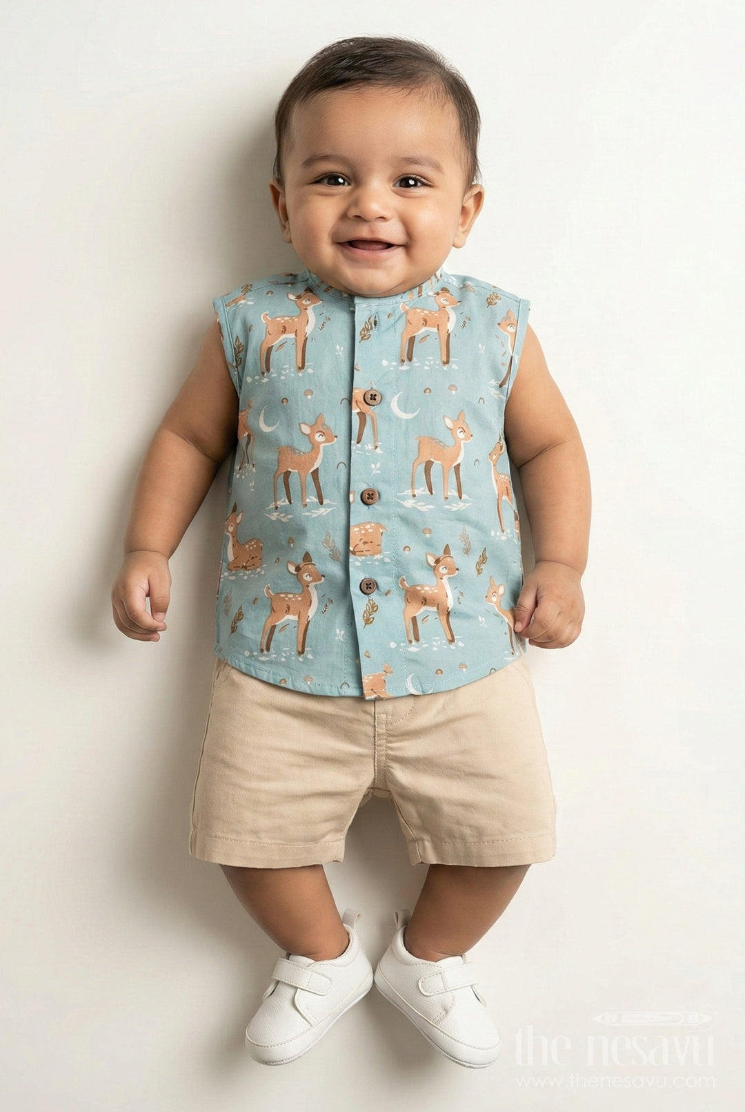 The Nesavu Baby Jablas Cotton Jablas for Baby Boys Sleeveless Blue Shirt with Playful Deer and Moon Digital Prints Nesavu 10 (NB) / Green IF034A-10 Cotton Jablas Baby Boys Blue Sleeveless Shirt Woodland Deer Moon Digital Print | The Nesavu