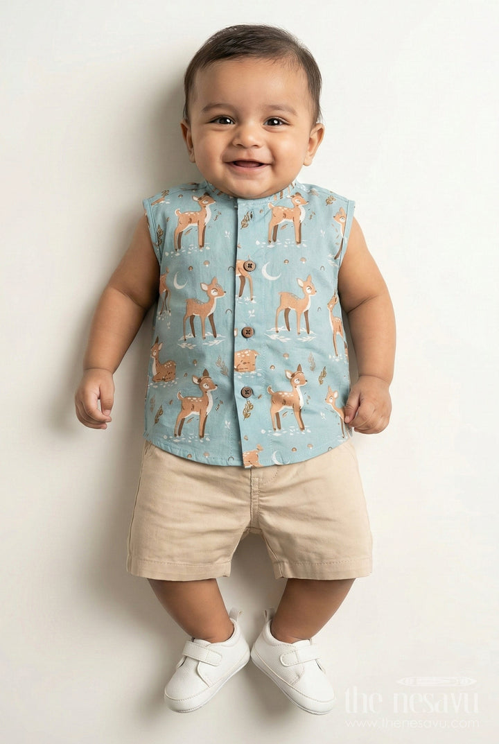 The Nesavu Baby Jablas Cotton Jablas for Baby Boys Sleeveless Blue Shirt with Playful Deer and Moon Digital Prints Nesavu 10 (NB) / Green IF034A-10 Cotton Jablas Baby Boys Blue Sleeveless Shirt Woodland Deer Moon Digital Print | The Nesavu