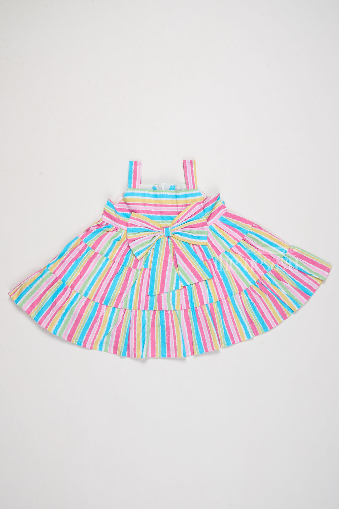 The Nesavu Baby Cotton Frocks Cotton Ki Frock for Girls with Striped Pattern and Decorative Bow Nesavu 14 (6M) / Multicolor BFJ704B-14 Nesavu Cotton Ki Girls Frock Tiered Stripes Bow Detail Parties