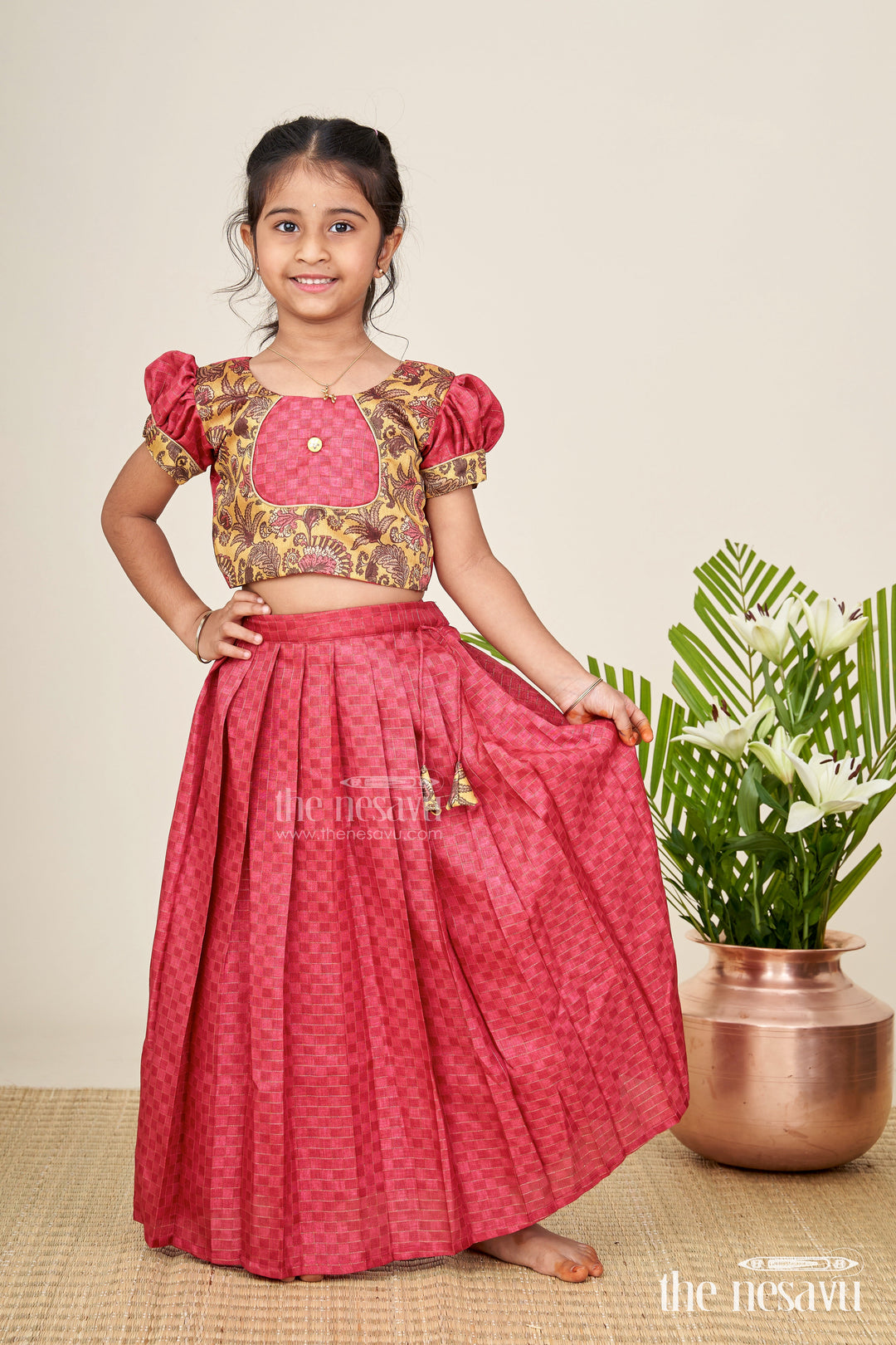 The Nesavu Girls Lehenga Choli Cotton Lehenga Set for Girls in Maroon with Yellow Chanderi Yoke and Floral Detailing Nesavu 16 (1Y) / Red GL654B-16 Nesavu Cotton Lehenga Set Girls Maroon Silk Cotton Skirt Yellow Floral Chanderi Blouse