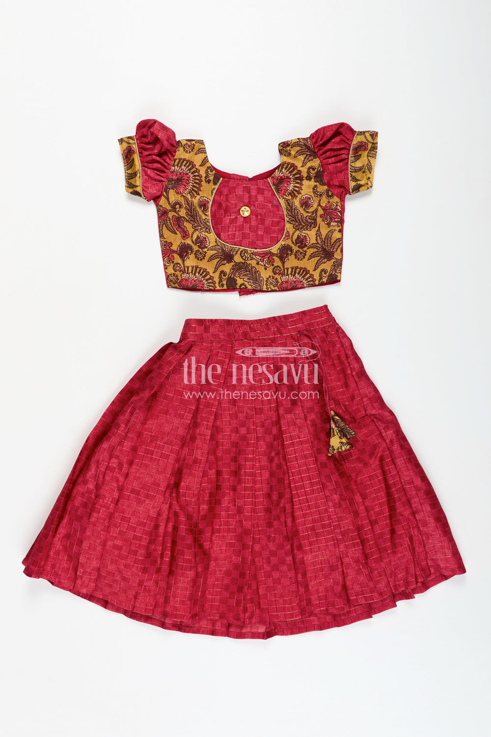 The Nesavu Girls Lehenga Choli Cotton Lehenga Set for Girls in Maroon with Yellow Chanderi Yoke and Floral Detailing Nesavu Nesavu Cotton Lehenga Set Girls Maroon Silk Cotton Skirt Yellow Floral Chanderi Blouse