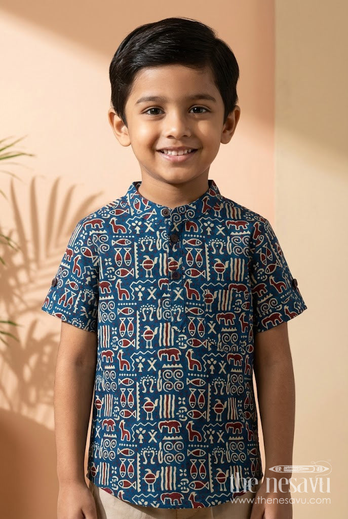 The Nesavu Boys Cotton Shirt Cotton Printed Shirt for Boys with Festive Block-style Design Nesavu 20 (3Y) / Blue BS382A-20 Nesavu boys cotton ethnic block print shirt – soft, breathable pick for festive and casual use