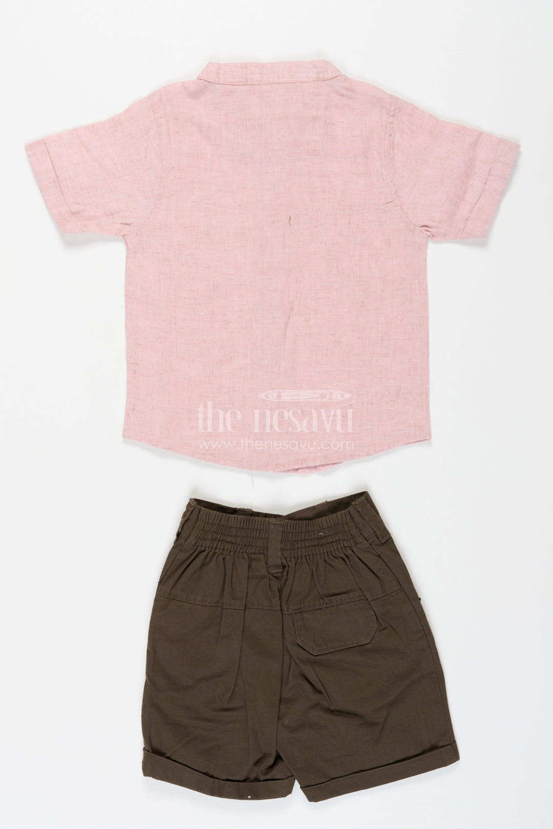 The Nesavu Boys Casual Set Cotton Set for Boys with Pink Thread Embroidered Shirt and Olive Green Shorts in Lightweight Fabric Nesavu Nesavu Cotton Set for Boys with Pink Embroidered Shirt and Olive Shorts in Lightweight Breathable Fabric