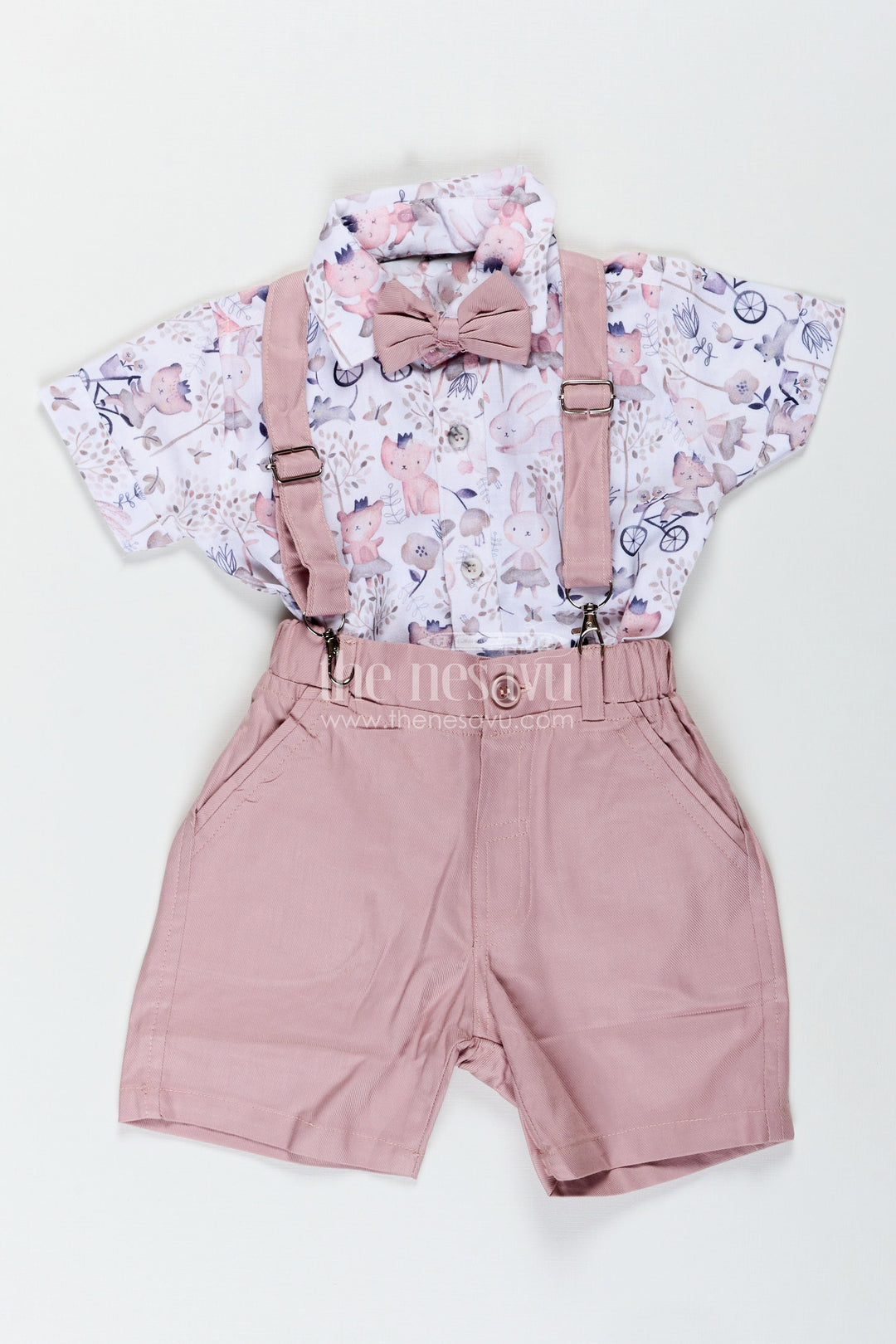 The Nesavu Boys Casual Set Cotton Shirt and Shorts Sets for Boys with Whimsical Forest Animal Print and Pink Suspenders Nesavu 12 (3M) / Peach BCS319A-12 Nesavu Cotton Shirt Shorts Sets Boys Pastel Animal Print Dusty Pink Suspenders