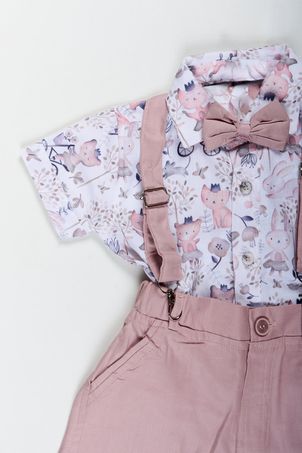 The Nesavu Boys Casual Set Cotton Shirt and Shorts Sets for Boys with Whimsical Forest Animal Print and Pink Suspenders Nesavu Nesavu Cotton Shirt Shorts Sets Boys Pastel Animal Print Dusty Pink Suspenders