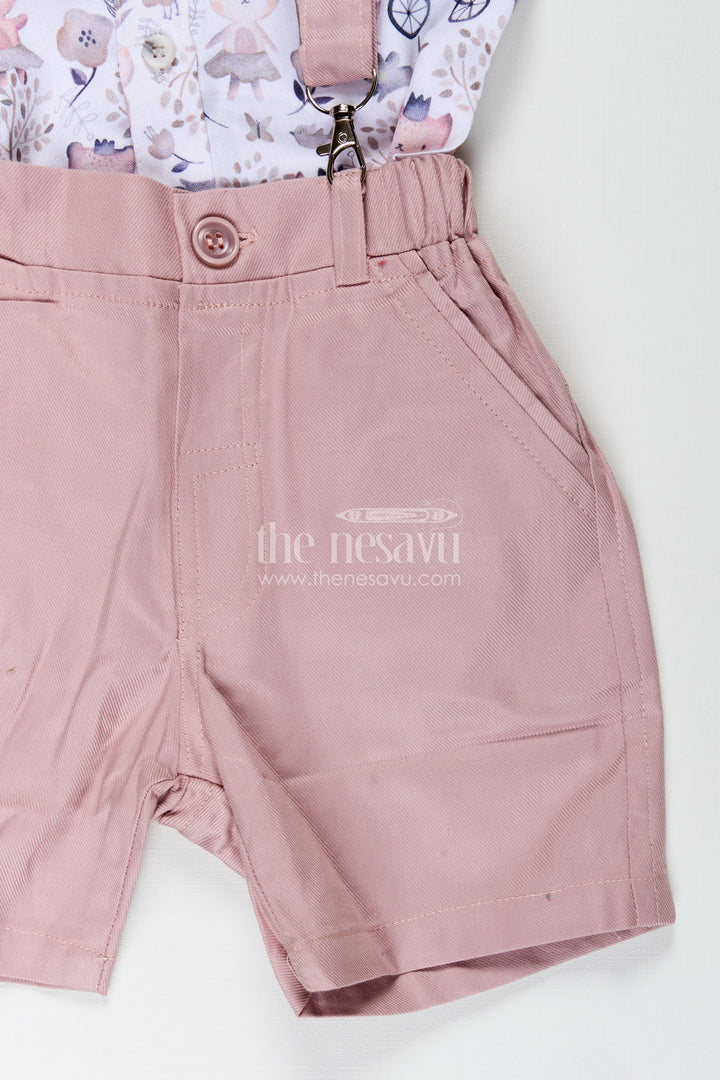 The Nesavu Boys Casual Set Cotton Shirt and Shorts Sets for Boys with Whimsical Forest Animal Print and Pink Suspenders Nesavu Nesavu Cotton Shirt Shorts Sets Boys Pastel Animal Print Dusty Pink Suspenders