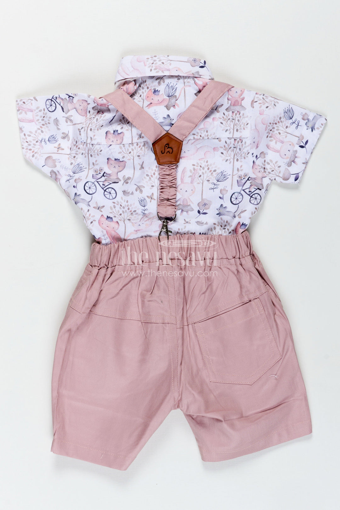 The Nesavu Boys Casual Set Cotton Shirt and Shorts Sets for Boys with Whimsical Forest Animal Print and Pink Suspenders Nesavu Nesavu Cotton Shirt Shorts Sets Boys Pastel Animal Print Dusty Pink Suspenders