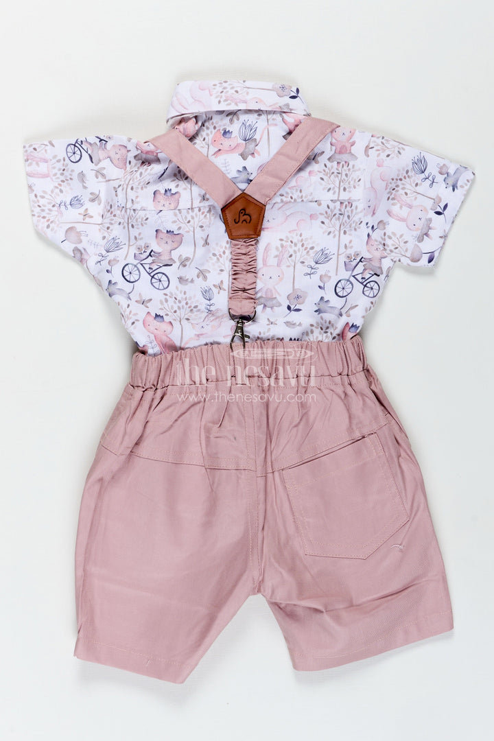The Nesavu Boys Casual Set Cotton Shirt and Shorts Sets for Boys with Whimsical Forest Animal Print and Pink Suspenders Nesavu Nesavu Cotton Shirt Shorts Sets Boys Pastel Animal Print Dusty Pink Suspenders
