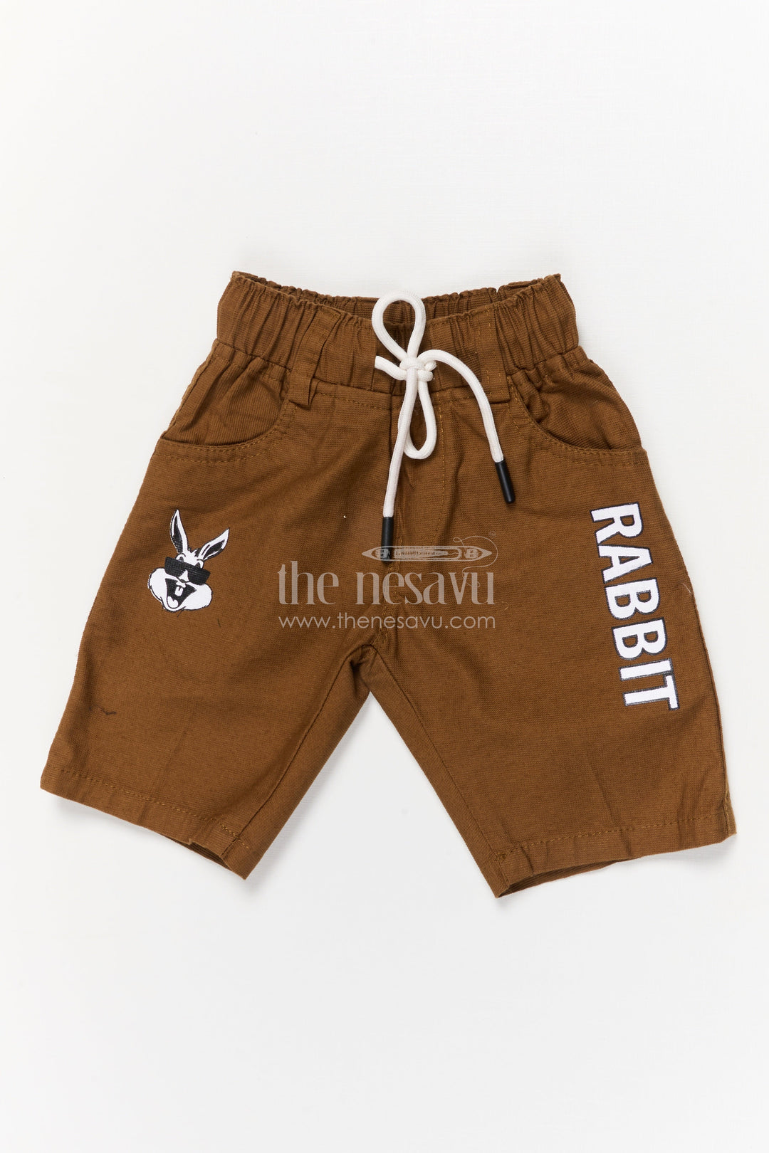 The Nesavu Boys Shorts Cotton Shorts for Boys with Rabbit Print and Elastic Fit Nesavu 14 (6M) / Brown / Cotton BWS066H-14 Kids cotton shorts for boys with rabbit cartoon print and practical pockets