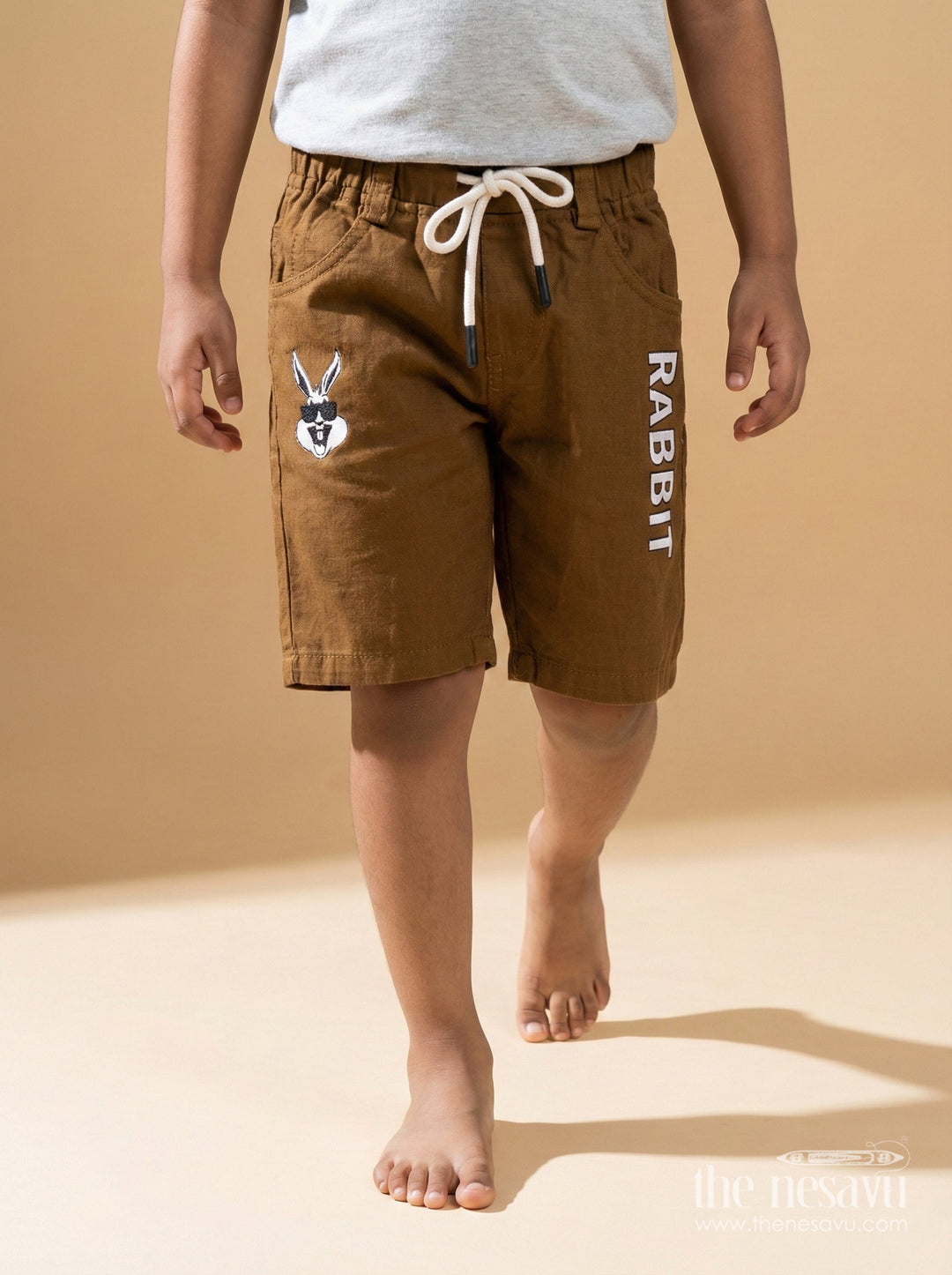 The Nesavu Boys Shorts Cotton Shorts for Boys with Rabbit Print and Elastic Fit Nesavu 14 (6M) / Brown / Cotton BWS066H-14 Kids cotton shorts for boys with rabbit cartoon print and practical pockets