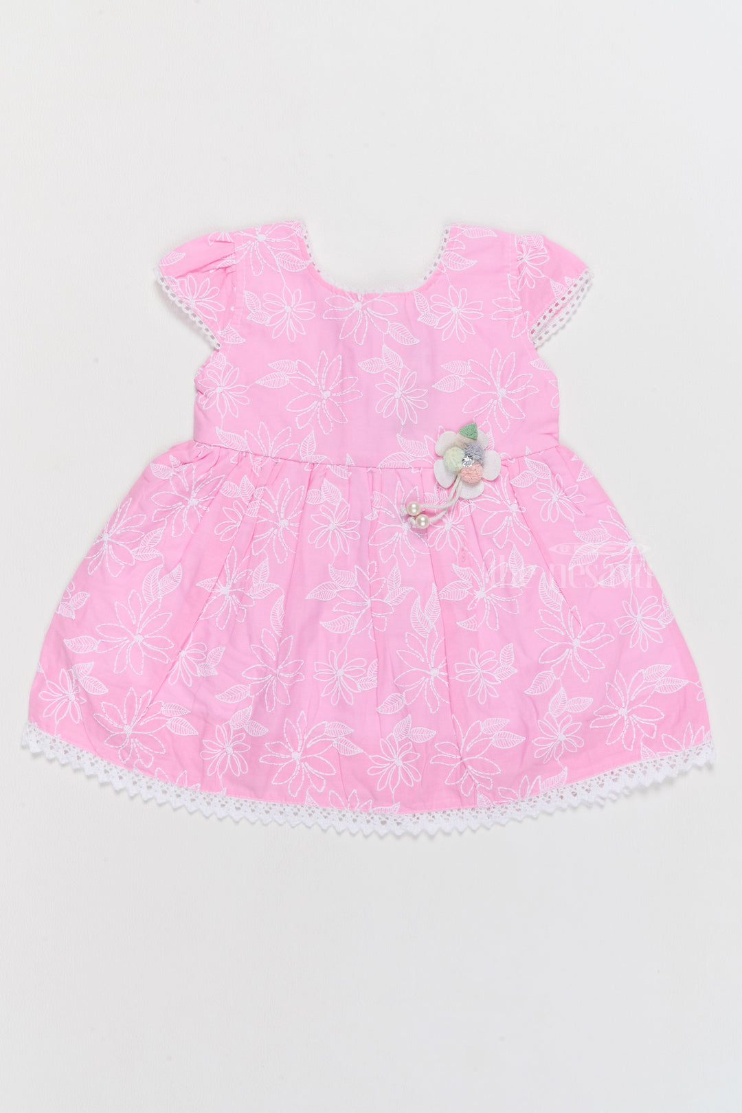 The Nesavu Baby Cotton Frocks Cotton Simple Dress for Girls with Floral Embroidery and Lace Hem Nesavu 14 (6M) / Pink BFJ705B-14 Nesavu Cotton Simple Girls Dress Floral Embroidery Lace Hem Special Occasions