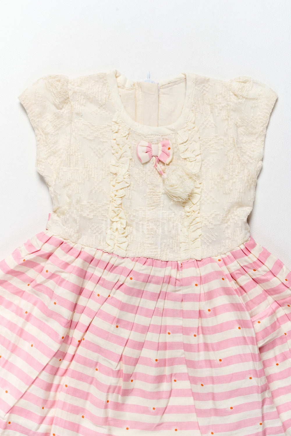 The Nesavu Girls Cotton Frock Cotton Simple Frock for Girls with White Lace Bodice and Pink Striped Skirt – Adorable Everyday Wear Nesavu Nesavu Cotton Simple Frock White Lace Bodice Pink Striped Skirt  Cute Comfortable