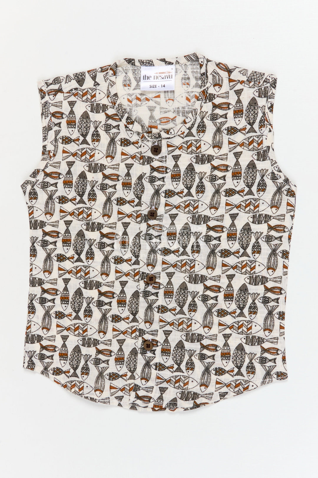 The Nesavu Baby Jablas Cotton Sleeveless Jabla for Babies with Playful Fish Print Nesavu 10 (NB) / Black / Cotton IF050C-10 Nesavu cotton sleeveless baby jabla with fun fish print and wooden button design