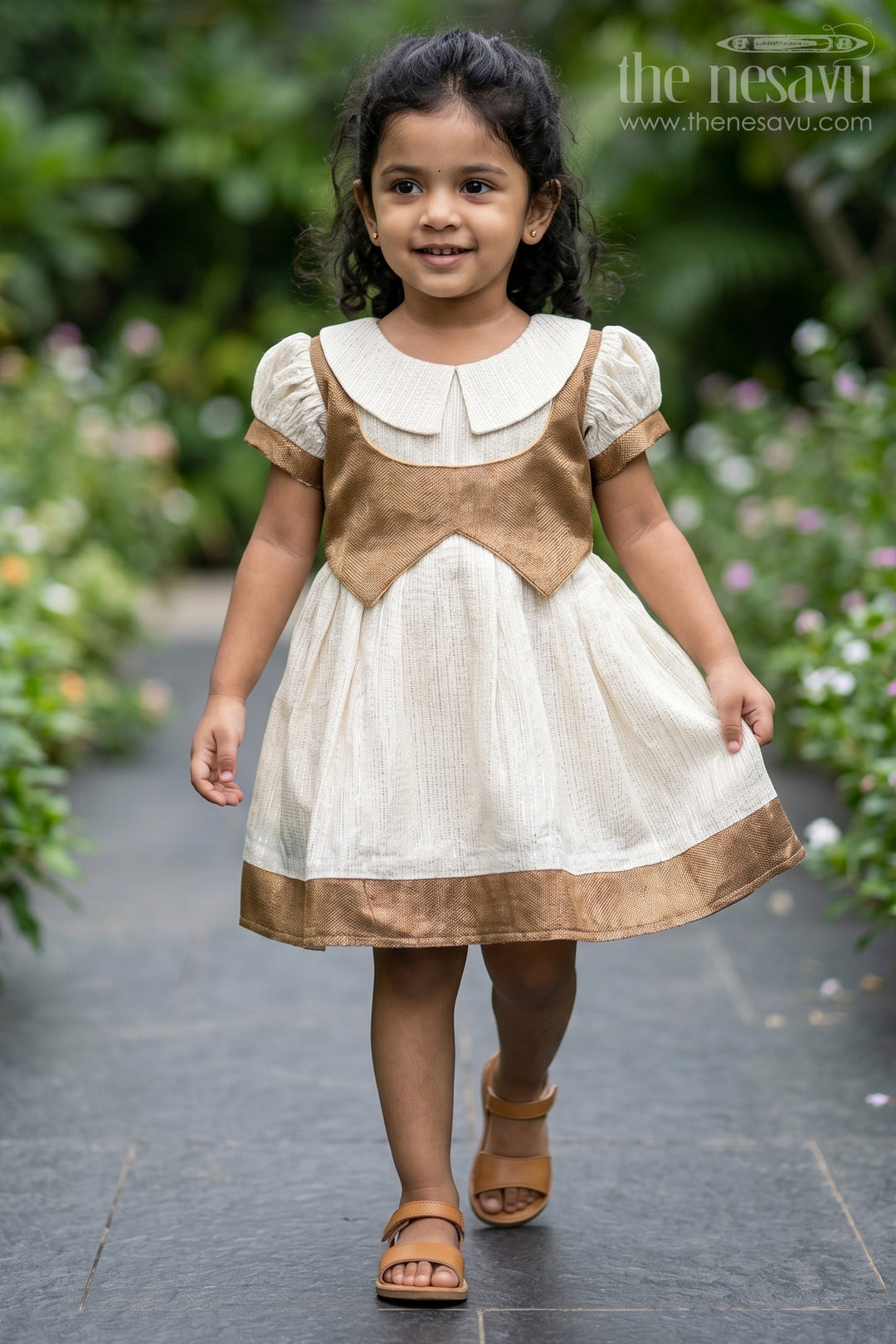 The Nesavu Girls Cotton Frock Cream and Gold Lurex Frock with Cutaway Collar and Waistcoat Jacket for Girls Nesavu 14 (6M) / Cream GFC1388A-14 Cream and Gold Lurex Frock with Cutaway Collar and Waistcoat Jacket for Girls Nesavu