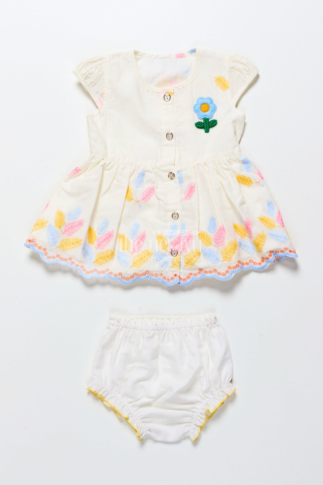 The Nesavu Baby Frocks Cream Baby Frock with Pastel Thread Embroidery and Flower Patch Nesavu 14 (6M) / White BFJ850D-14 Nesavu cream cotton baby frock with pastel embroidery and flower patch