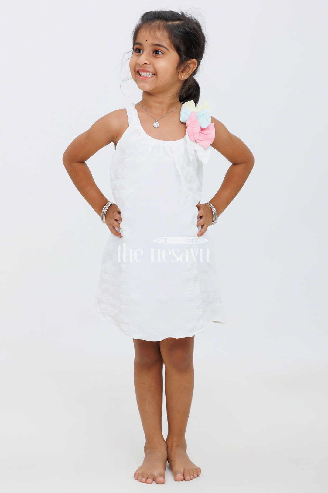 The Nesavu Baby Fancy Frock Cream Baby Frock with Popcorn Fabric and Colorful Bow Accent for Girls Nesavu 16 (1Y) / Cream BFJ627C-16 Cream Baby Frock with Popcorn Fabric and Colorful Bow Accent for Girls Nesavu