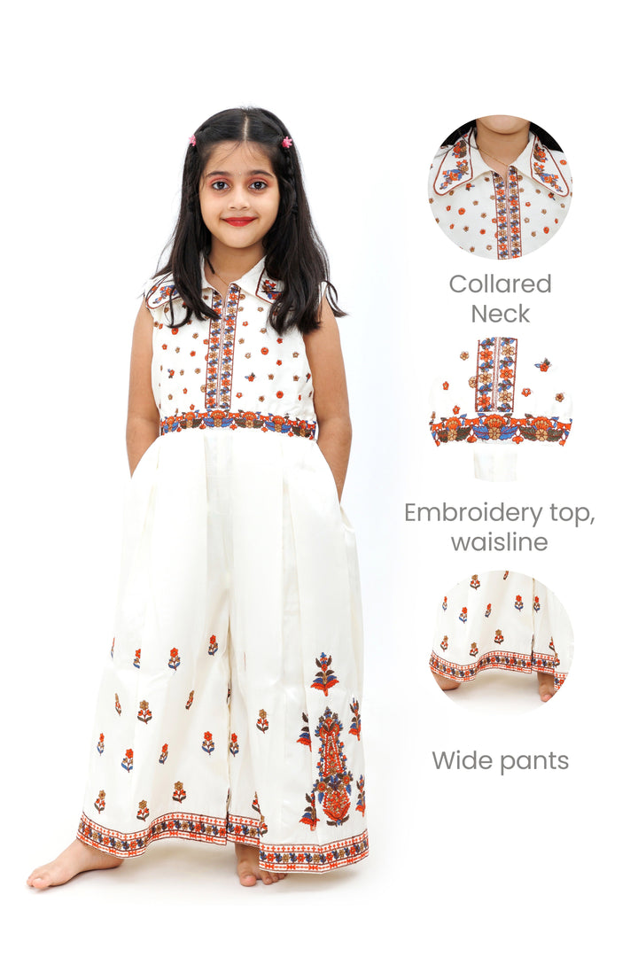 The Nesavu Girls Party Gown Cream Blend Silk Jumpsuit with Multicolor Embroidery Nesavu Cream Blend Silk Jumpsuit with Multicolor Embroidery - Nesavu