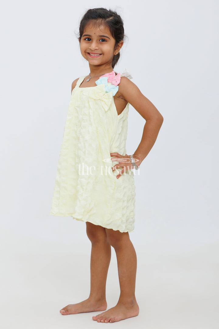The Nesavu Baby Fancy Frock Cream Blended Popcorn Fabric Strapped Baby Fancy Frock with Colorful Bow for Girls Nesavu 16 (1Y) / Cream BFJ627D-16 Cream Blended Popcorn Fabric Baby Fancy Frock with Colorful Bow for Girls Nesavu