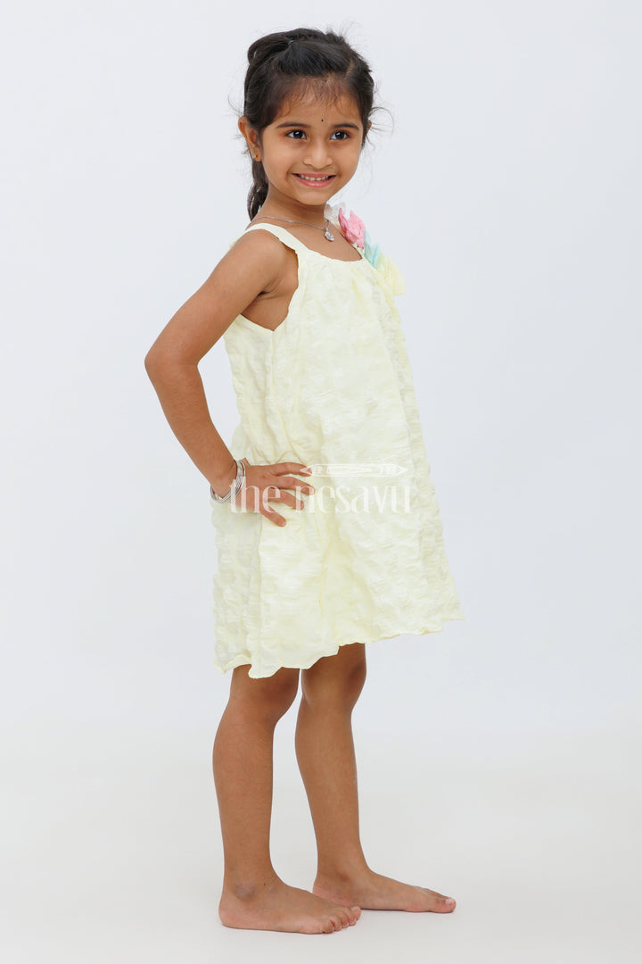 The Nesavu Baby Fancy Frock Cream Blended Popcorn Fabric Strapped Baby Fancy Frock with Colorful Bow for Girls Nesavu Cream Blended Popcorn Fabric Baby Fancy Frock with Colorful Bow for Girls Nesavu