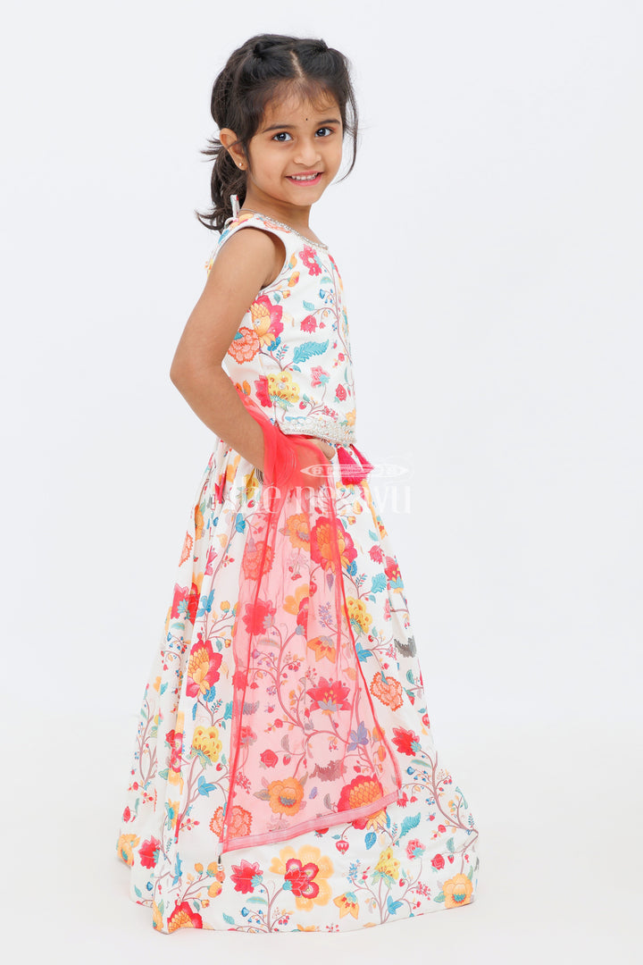 The Nesavu Girls Lehenga Choli Cream Blended Silk Floral Print Lehenga Choli with Mirror Embroidery for Girls Nesavu Cream Blended Silk Floral Print Lehenga Choli with Mirror Embroidery for Girls Nesavu