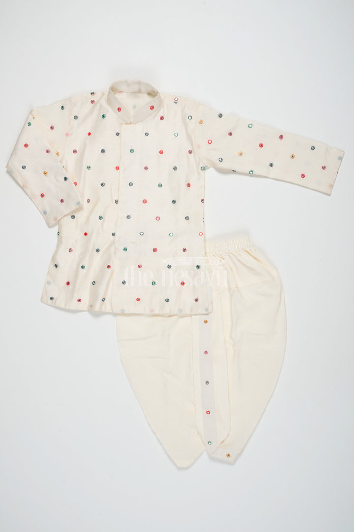 The Nesavu Boys Dothi Set Cream Blended Silk Kurta Dhoti Set for Boys with Colorful Embellishments and Mirror Work Nesavu 12 (3M) / Cream BES595A-12 Nesavu Cream Silk Kurta Dhoti Set Boys Colorful Embellishments Mirror Work Festive Occasions