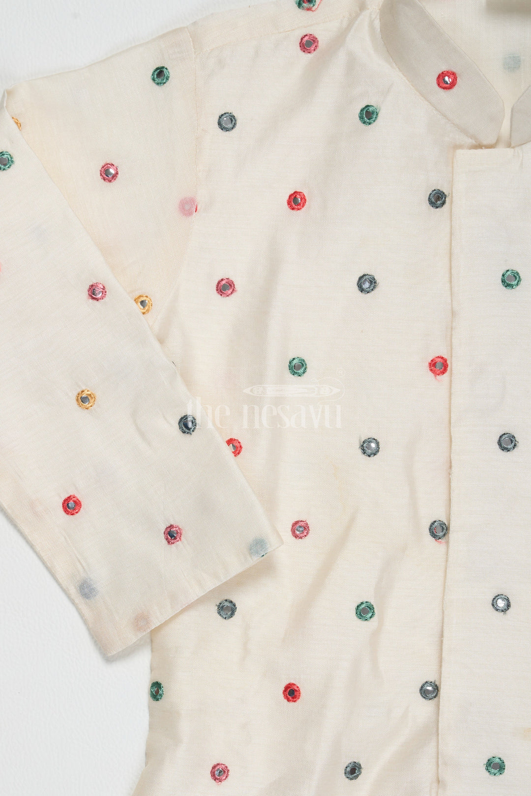 The Nesavu Boys Dothi Set Cream Blended Silk Kurta Dhoti Set for Boys with Colorful Embellishments and Mirror Work Nesavu Nesavu Cream Silk Kurta Dhoti Set Boys Colorful Embellishments Mirror Work Festive Occasions