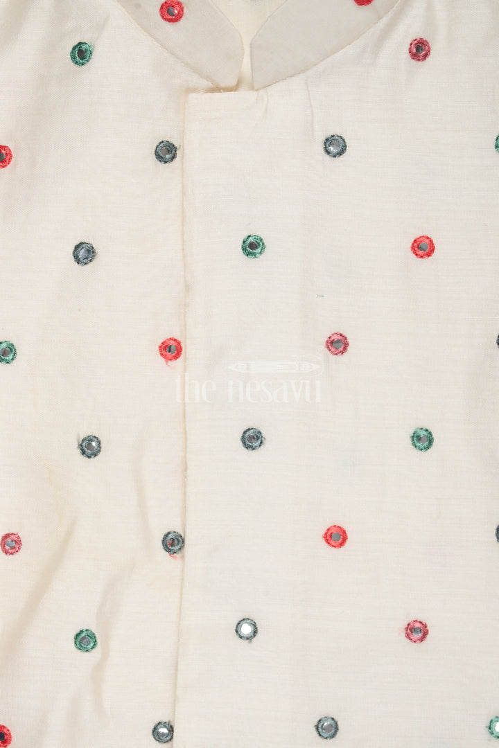 The Nesavu Boys Dothi Set Cream Blended Silk Kurta Dhoti Set for Boys with Colorful Embellishments and Mirror Work Nesavu Nesavu Cream Silk Kurta Dhoti Set Boys Colorful Embellishments Mirror Work Festive Occasions