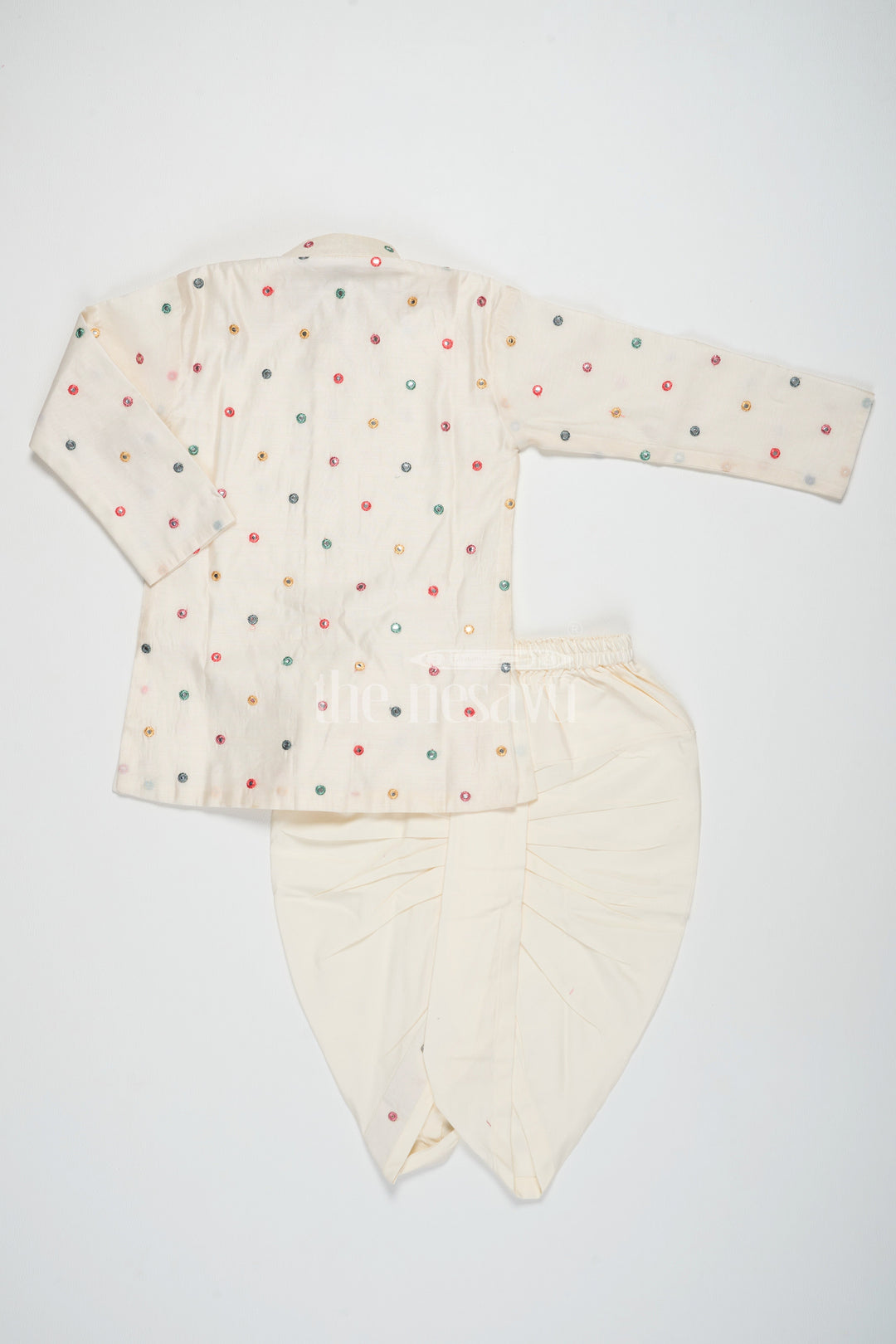 The Nesavu Boys Dothi Set Cream Blended Silk Kurta Dhoti Set for Boys with Colorful Embellishments and Mirror Work Nesavu Nesavu Cream Silk Kurta Dhoti Set Boys Colorful Embellishments Mirror Work Festive Occasions