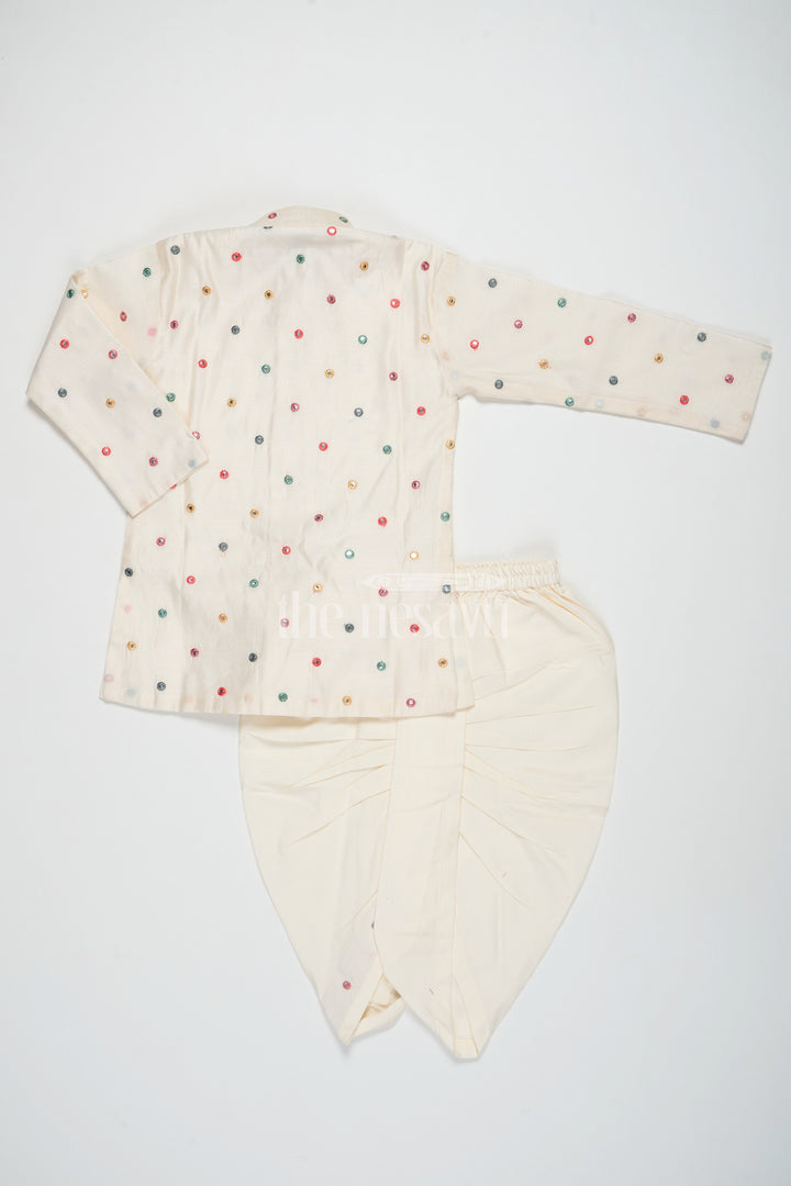 The Nesavu Boys Dothi Set Cream Blended Silk Kurta Dhoti Set for Boys with Colorful Embellishments and Mirror Work Nesavu Nesavu Cream Silk Kurta Dhoti Set Boys Colorful Embellishments Mirror Work Festive Occasions