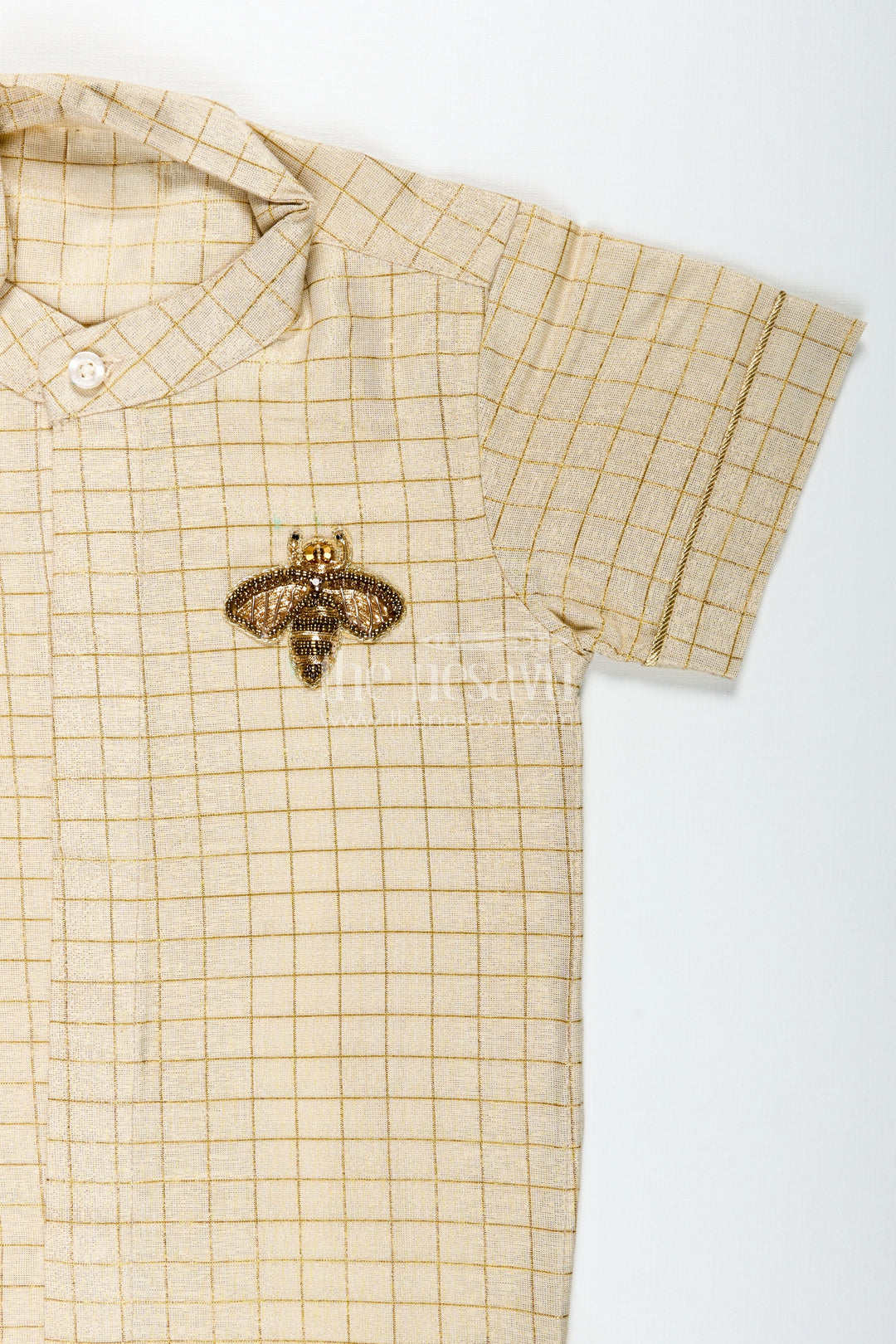 The Nesavu Boys Silk Shirt Cream Colour Shirt Boys with Gold Embroidered Bee Motif and Subtle Check Pattern in Silk Blend Fabric Nesavu Nesavu Cream Colour Shirt Boys Gold Check Pattern Embroidered Bee Motif Silk Blend