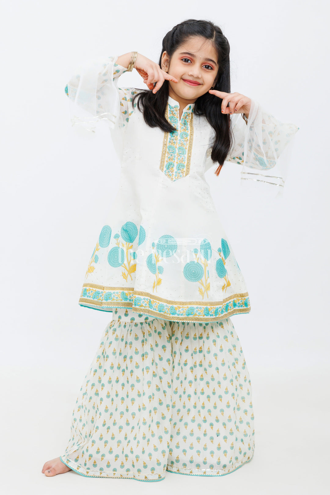 The Nesavu Girls Sharara / Plazo Set Cream Cotton ALine Top with Floral Ghagra Set for Girls with Mirror Work Embellishments Nesavu 22 (4Y) / Cream GPS392A-22 Cream Cotton A-Line Top and Floral Ghagra Set for Girls with Mirror Work Nesavu