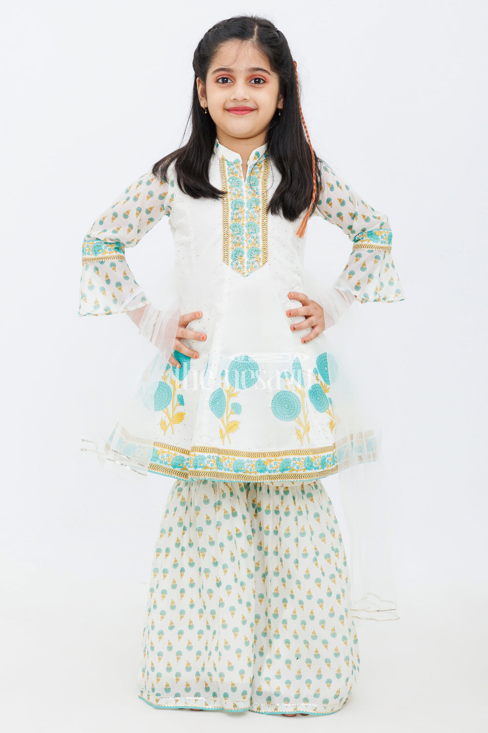 The Nesavu Girls Sharara / Plazo Set Cream Cotton ALine Top with Floral Ghagra Set for Girls with Mirror Work Embellishments Nesavu Cream Cotton A-Line Top and Floral Ghagra Set for Girls with Mirror Work Nesavu