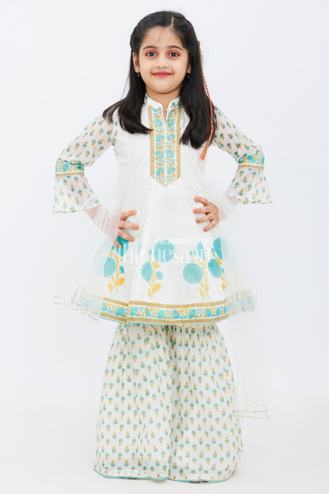 The Nesavu Girls Sharara / Plazo Set Cream Cotton ALine Top with Floral Ghagra Set for Girls with Mirror Work Embellishments Nesavu Cream Cotton A-Line Top and Floral Ghagra Set for Girls with Mirror Work Nesavu