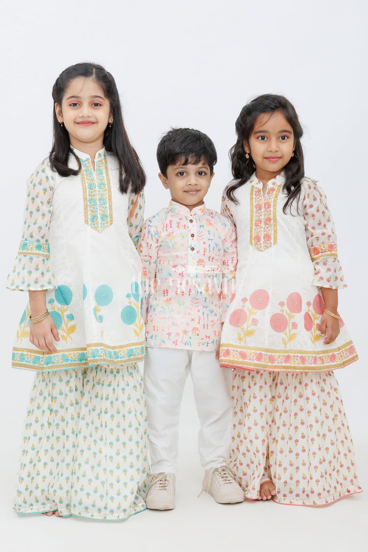 The Nesavu Girls Sharara / Plazo Set Cream Cotton ALine Top with Floral Ghagra Set for Girls with Mirror Work Embellishments Nesavu Cream Cotton A-Line Top and Floral Ghagra Set for Girls with Mirror Work Nesavu