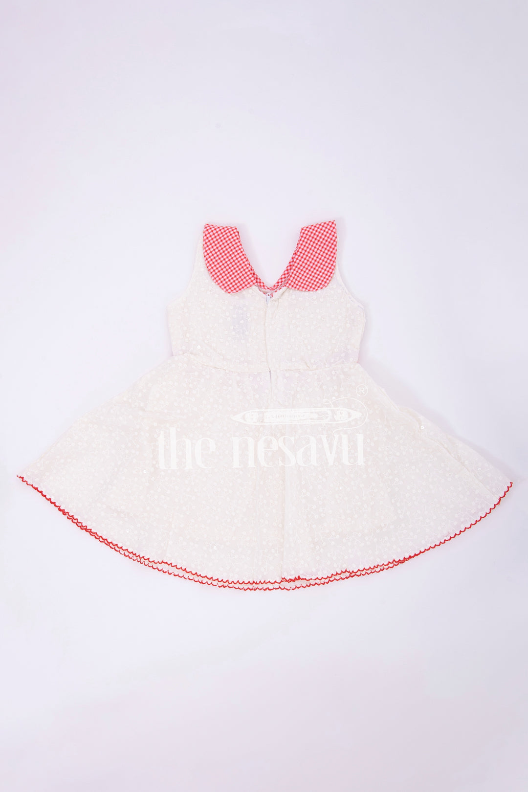 The Nesavu Baby Cotton Frocks Cream Cotton Chikankari Embroidered Frock with Red Checked Collar for Babies Nesavu 14 (6M) / Cream BFJ596B-14 Cream Cotton Chikankari Embroidered Baby Frock with Red Collar - Nesavu