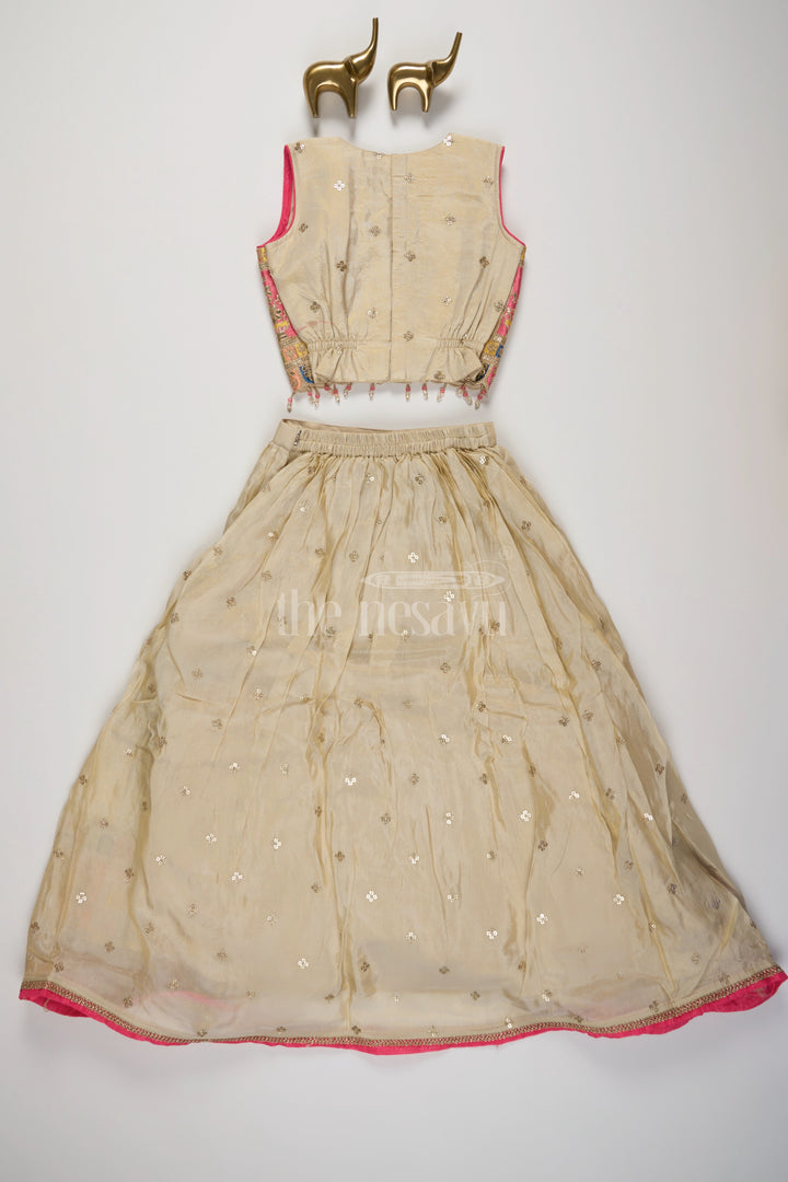 The Nesavu Girls Lehenga Choli Cream Girls Lehenga Choli with Gold Embroidery and Pink Dupatta Nesavu Nesavu Cream Anarkali Lehenga Choli Gold Butis Pink Dupatta Festive Wear