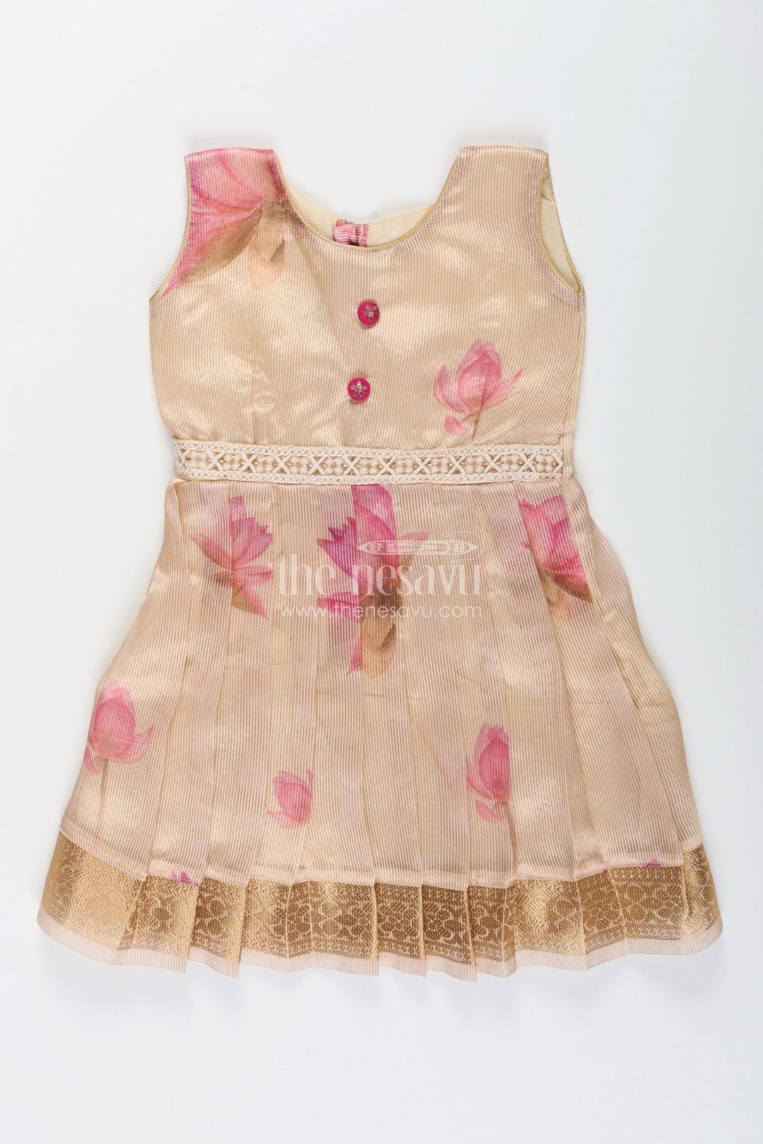 The Nesavu Silk Frock Cream Kora Tissue Silk Frock for Baby Girls Floral Digital Print Design Nesavu 18 (2Y) / Cream SF1065A-18 Kora tissue silk frock baby girls  cream ethnic wear floral digital print