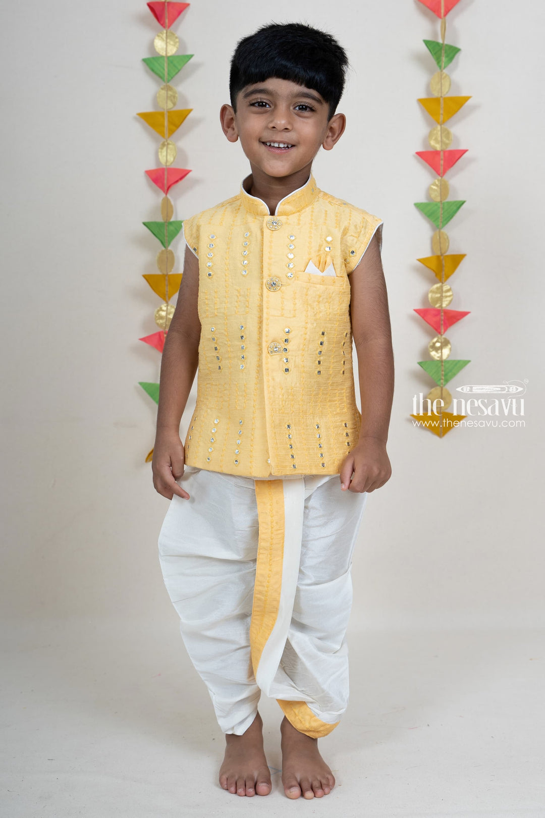 The Nesavu Boys Dothi Set Cream Mirror Embroidery Dhoti Pant Party Wear Kurta For Boys Nesavu 12 (3M) / Yellow / Silk Blend BES216A-12 Cotton Printed Kurta Suit For Boys Online | Traditional Indian Ethnics | The Nesavu