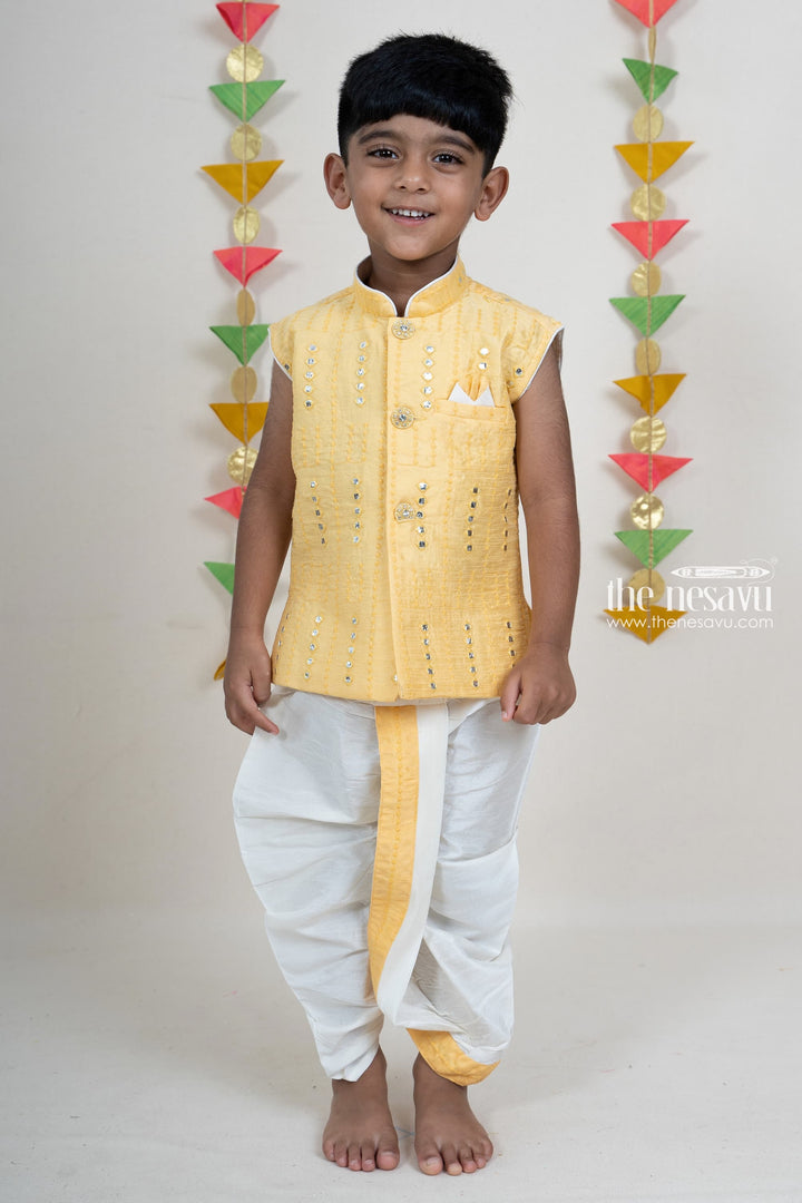 The Nesavu Boys Dothi Set Cream Mirror Embroidery Dhoti Pant Party Wear Kurta For Boys Nesavu 12 (3M) / Yellow / Silk Blend BES216A-12 Cotton Printed Kurta Suit For Boys Online | Traditional Indian Ethnics | The Nesavu