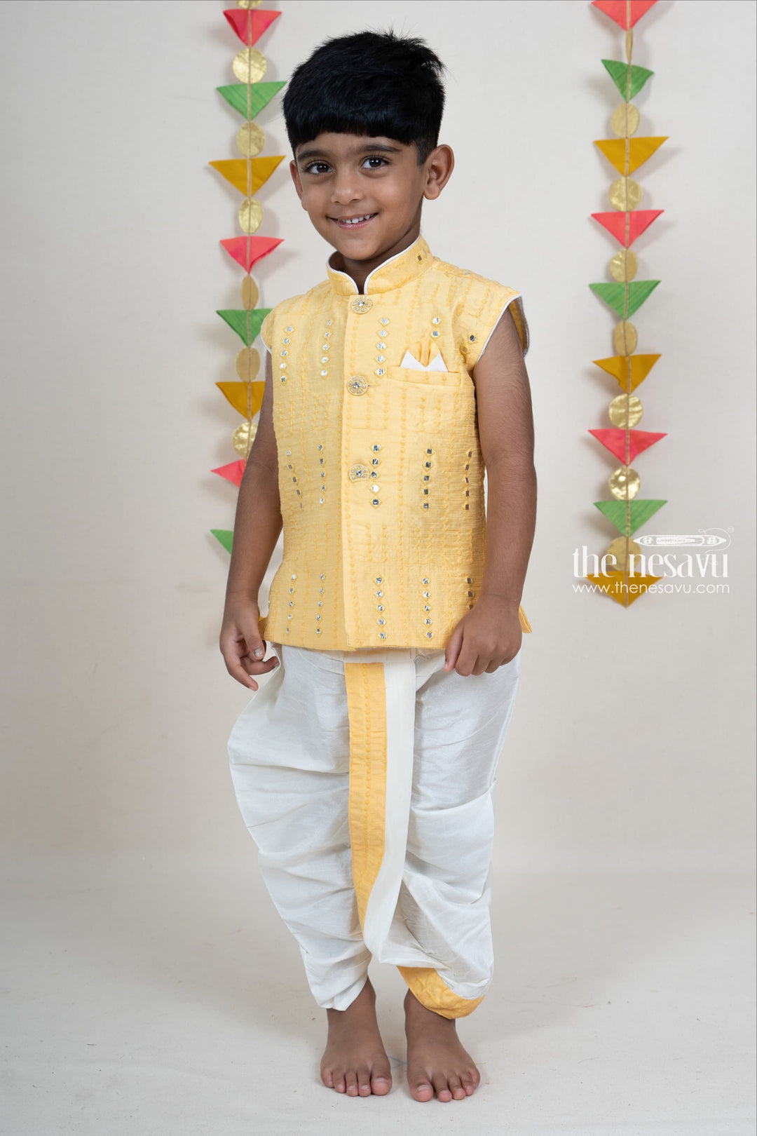 The Nesavu Boys Dothi Set Cream Mirror Embroidery Dhoti Pant Party Wear Kurta For Boys Nesavu Cotton Printed Kurta Suit For Boys Online | Traditional Indian Ethnics | The Nesavu