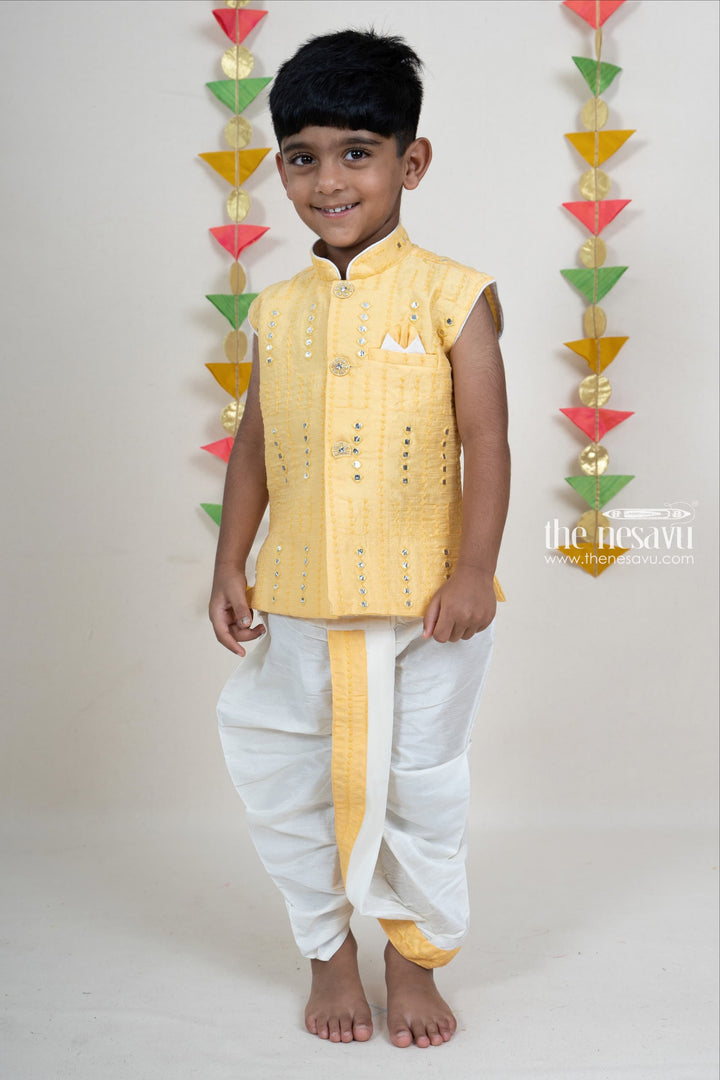 The Nesavu Boys Dothi Set Cream Mirror Embroidery Dhoti Pant Party Wear Kurta For Boys Nesavu Cotton Printed Kurta Suit For Boys Online | Traditional Indian Ethnics | The Nesavu