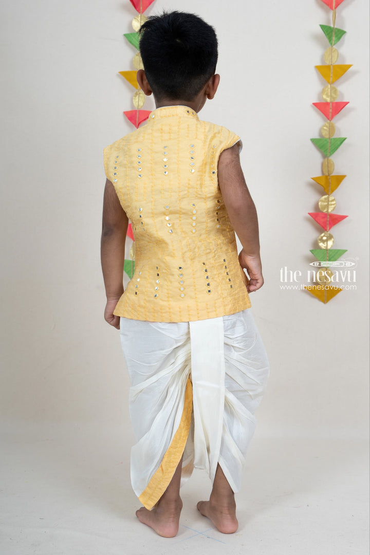 The Nesavu Boys Dothi Set Cream Mirror Embroidery Dhoti Pant Party Wear Kurta For Boys Nesavu Cotton Printed Kurta Suit For Boys Online | Traditional Indian Ethnics | The Nesavu
