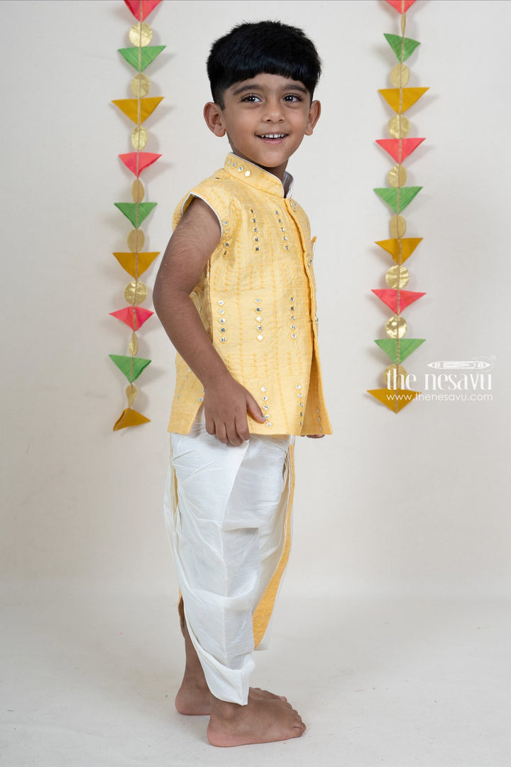 The Nesavu Boys Dothi Set Cream Mirror Embroidery Dhoti Pant Party Wear Kurta For Boys Nesavu Cotton Printed Kurta Suit For Boys Online | Traditional Indian Ethnics | The Nesavu