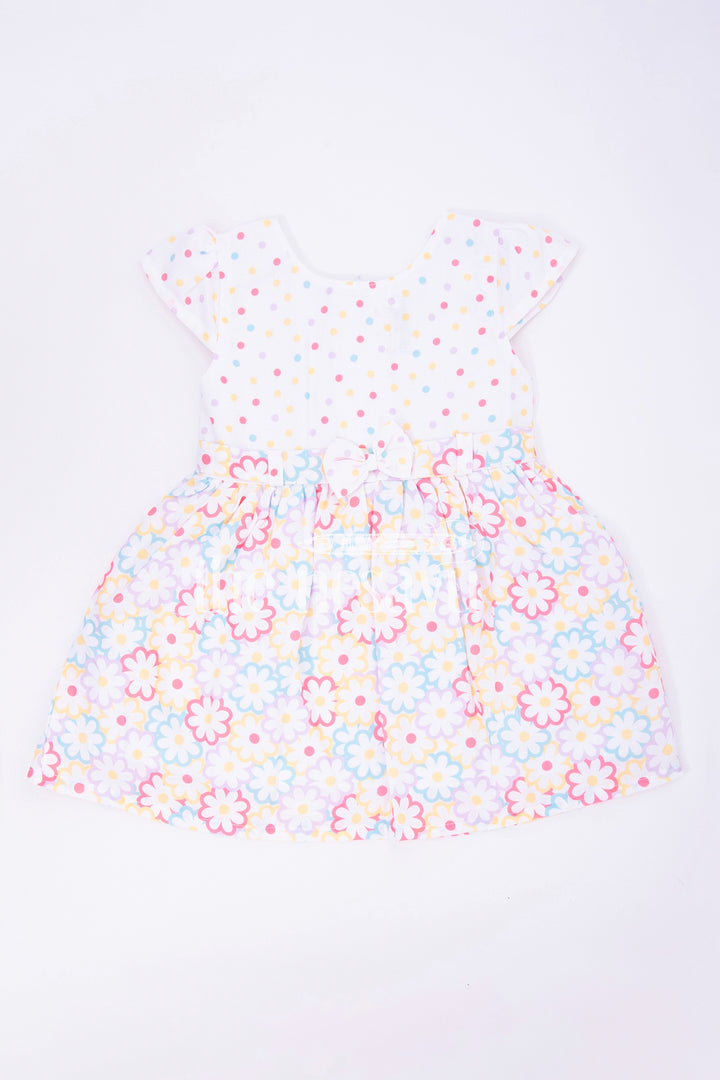 The Nesavu Baby Fancy Frock Cream Poly Blend Baby Frock with Multicolor Floral Print Nesavu 14 (6M) / Cream BFJ597A-14 Cream Poly Blend Baby Frock with Multicolor Floral Print - Nesavu
