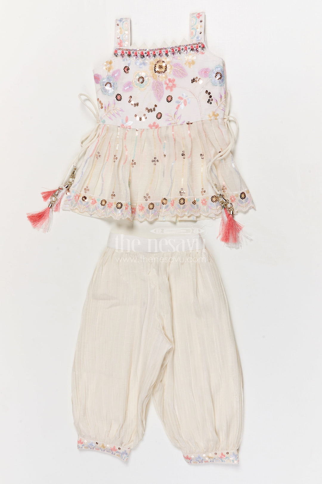 The Nesavu Girls Sharara / Plazo Set Cream Sharara Set for Baby Girls with Sequin Embroidery for Festive Functions Nesavu 18 (2Y) / Cream GPS922A-18 Nesavu cream sharara set for baby girls with sequin embroidery – ideal for festive and traditional occasions