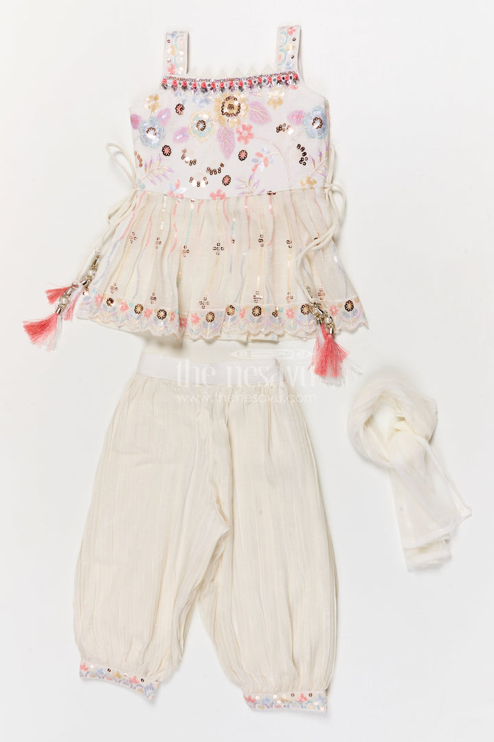 The Nesavu Girls Sharara / Plazo Set Cream Sharara Set for Baby Girls with Sequin Embroidery for Festive Functions Nesavu Nesavu cream sharara set for baby girls with sequin embroidery – ideal for festive and traditional occasions