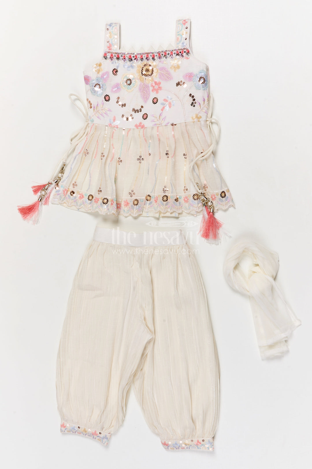 The Nesavu Girls Sharara / Plazo Set Cream Sharara Set for Baby Girls with Sequin Embroidery for Festive Functions Nesavu Nesavu cream sharara set for baby girls with sequin embroidery – ideal for festive and traditional occasions