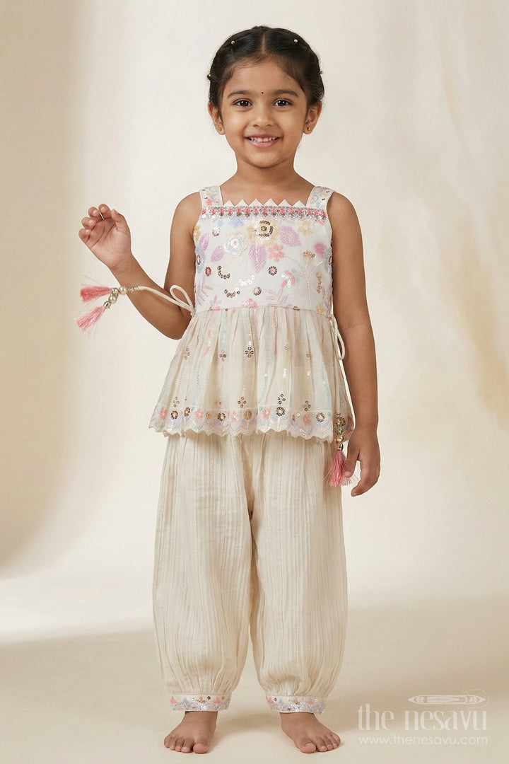 The Nesavu Girls Sharara / Plazo Set Cream Sharara Set for Baby Girls with Sequin Embroidery for Festive Functions Nesavu Nesavu cream sharara set for baby girls with sequin embroidery – ideal for festive and traditional occasions